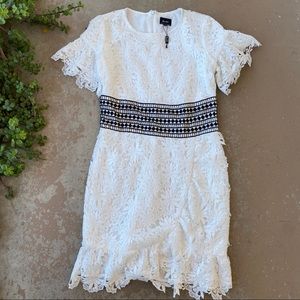 Bardot White Lace Mini Dress with Black Accents